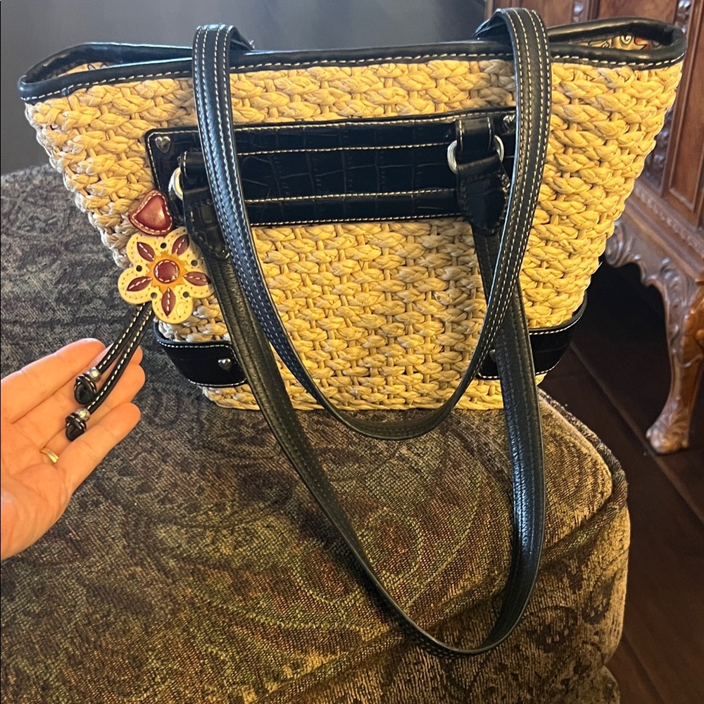 Brighton Woven Straw Tote Bag with Black Trim